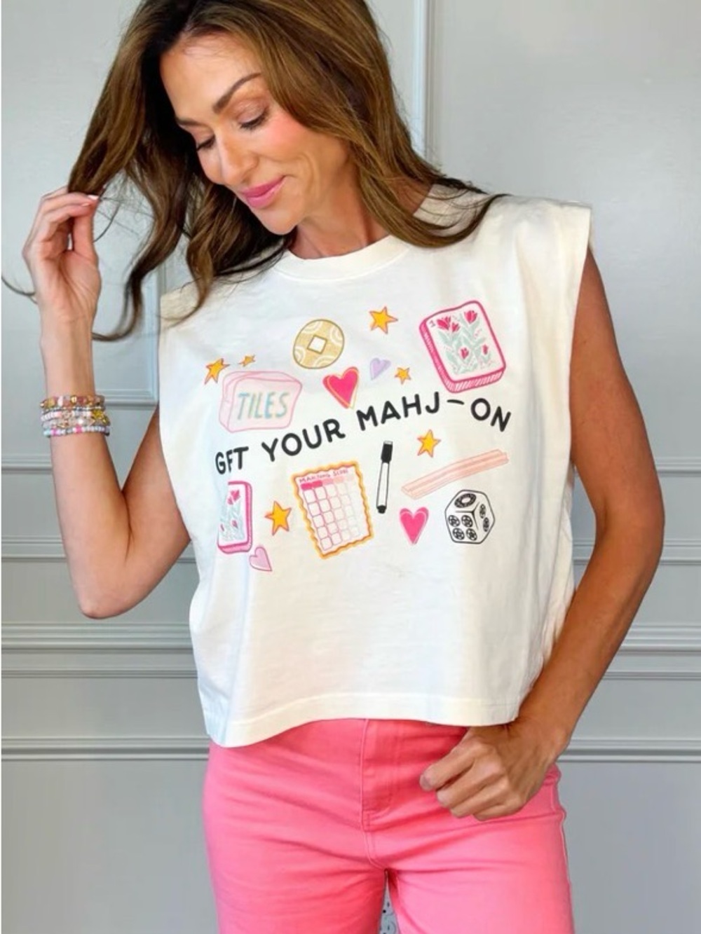 American Apparel Cream Graphic Cropped Muscle Tee with Pink Accents